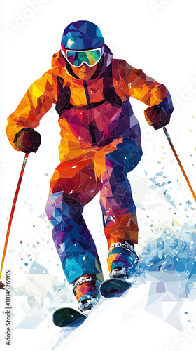 skier athlete on skislope, low poly art, isolated on white background. high speed slalom isolated on white background, full body view. Winter sport concept. Advertisement for ski. Winter activity. Ski photo