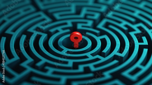 Red key at the center of a teal circular maze.