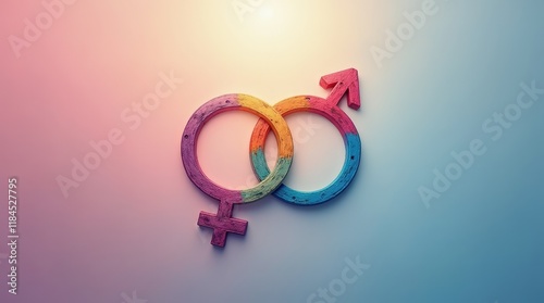 Colorful gender symbols painted on wooden texture, intertwined, placed on a soft gradient background. Concept of equality and diversity. A concept of gender equality photo