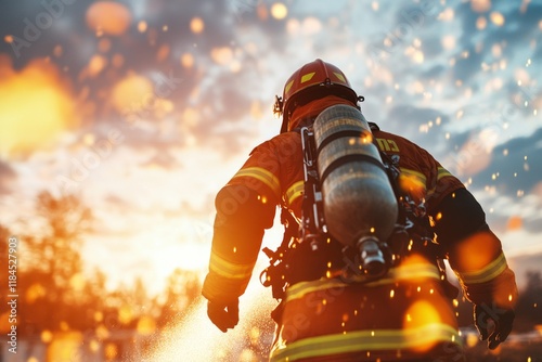 A firefighter team responding to an emergency, running with hoses and equipment towards a smoky building photo