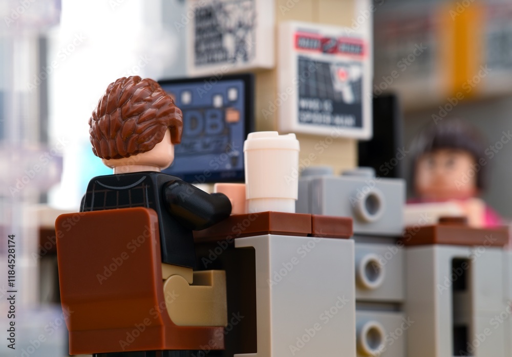 Fototapeta premium Tambov, Russian Federation - January 06, 2025 Lego office with office workers on their workplaces.