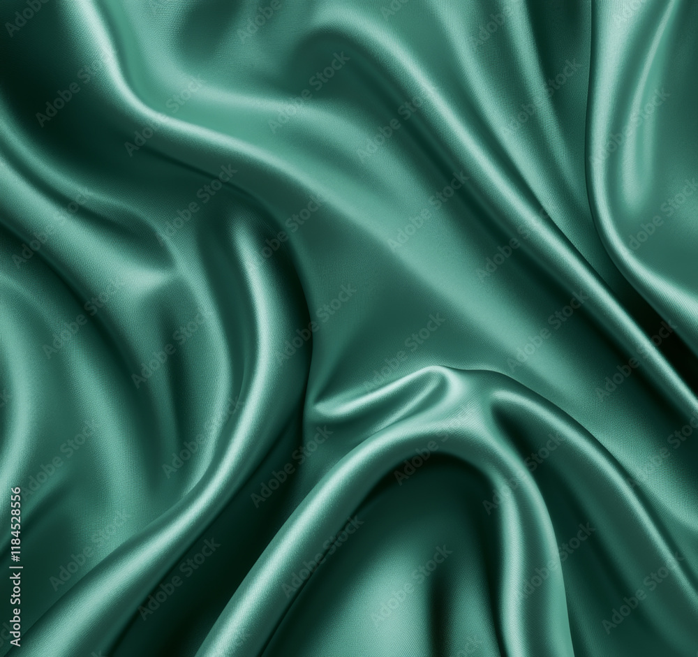 Obraz premium Dark jade sea green silk background. Smooth drapery with a shimmering metallic finish and shadowed gradients. Blank template.