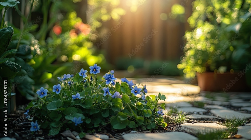 A cluster of tiny violets growing in a shaded corner of a garden. A cluster of tiny violets growing in a shaded corner of a garden.