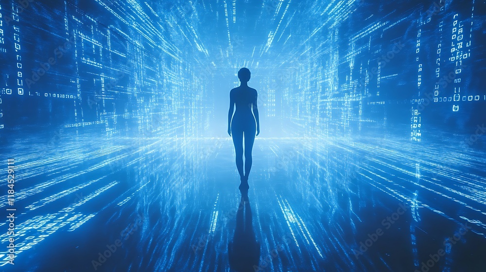 Human Figure Walking Through a Digital Data Stream Human Figure Walking Through a Digital Data Stream