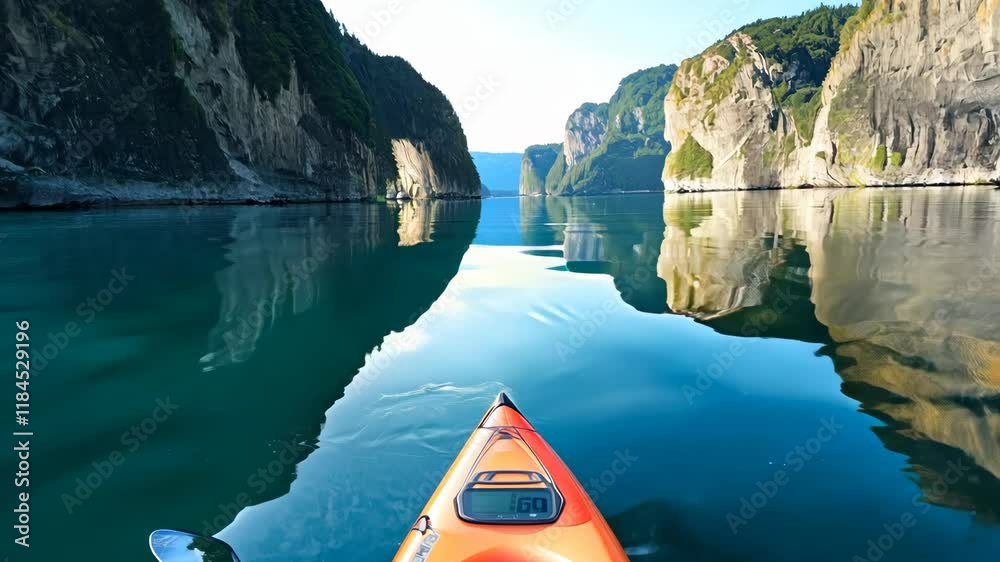 Kayaking through a serene fjord with towering cliffs reflecting on calm water under natural daylight, creating a peaceful and adventurous atmosphere.
