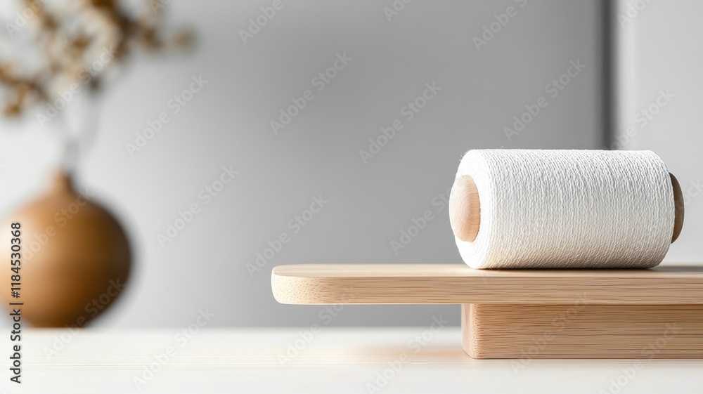Obraz premium Toilet paper roll on wooden holder in minimalist setting