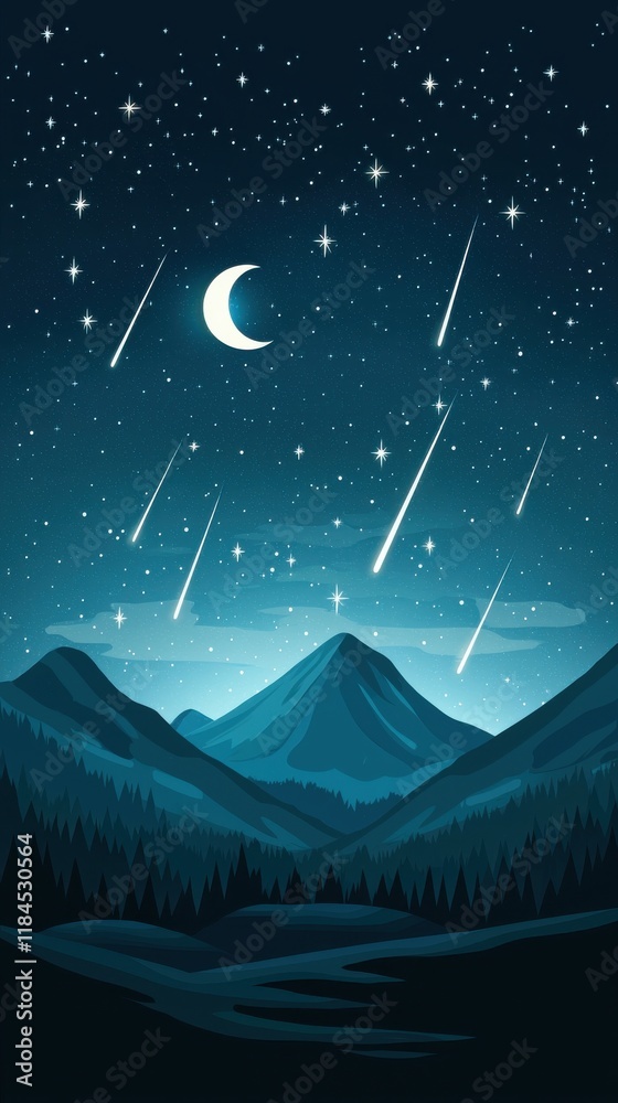 Fototapeta premium Mesmerizing Nightscape with Shooting Stars Cascading over Majestic Mountains