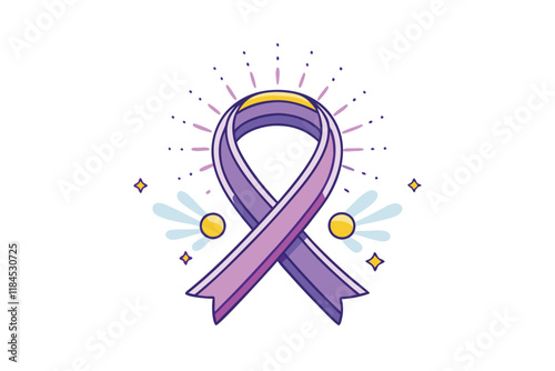 Purple awareness ribbon illustration with golden highlights and decorative elements, representing hope and strength, World Cancer Day