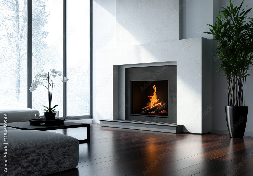 Fototapeta premium A living room with a fireplace and a potted plant
