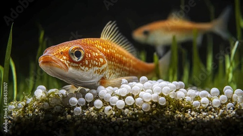 A close-up of a fish near its eggs on the ocean floor, showcasing underwater life.