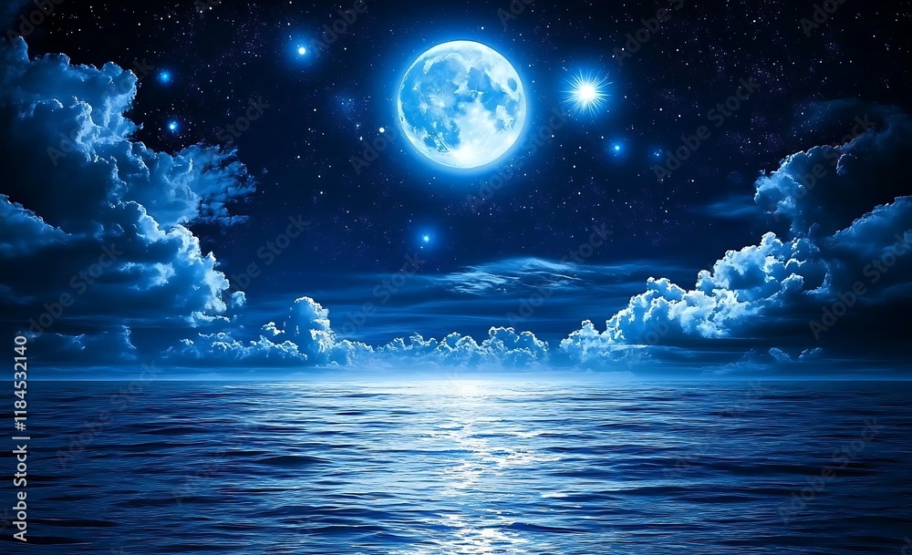 Fototapeta premium Peaceful Ocean at Night Under a Bright Full Moon and Starry Sky