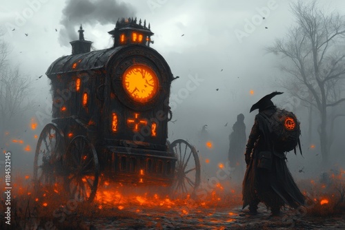 A gothic depiction of a mysterious device updating itself, surrounded by faint ghostly figures and ancient gears