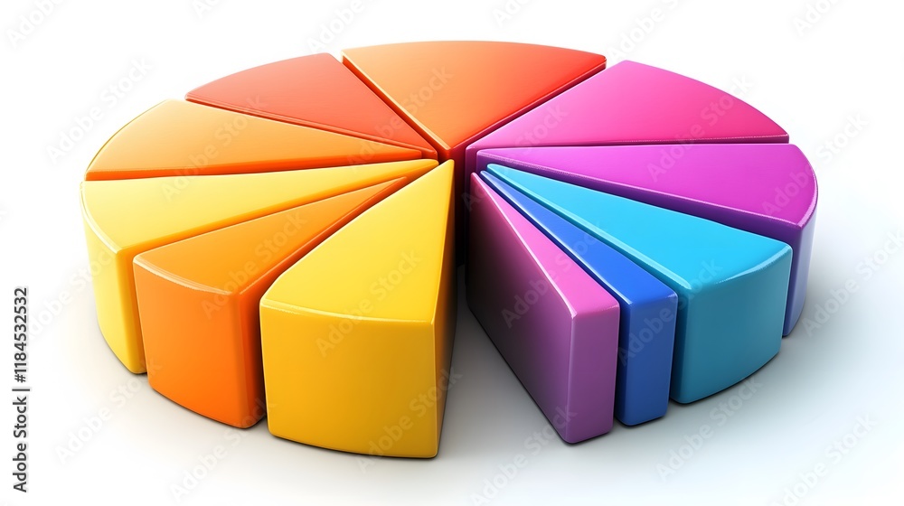 Obraz premium Pie chart illustration with bright segments and percentages for data visualization on a clean white backdrop
