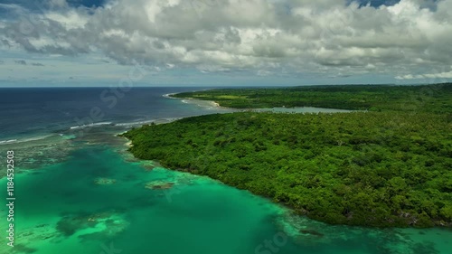 Aerial view of beautiful tropical island with lush greenery and blue water, Shefa Province, Vanuatu. photo