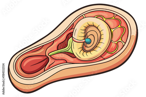 Anatomical illustration of human ear showcasing cochlea, eardrum, and inner ear parts for biology and medicine visuals