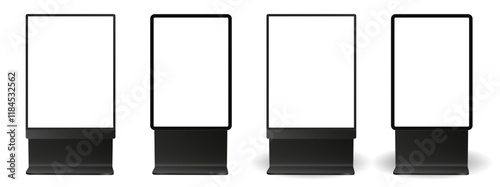 Set of street billboards. Black city lightbox. Display panels or signboards. Rectangular signposts. 3d mockup of a signboard with transparent or white screen and shadow