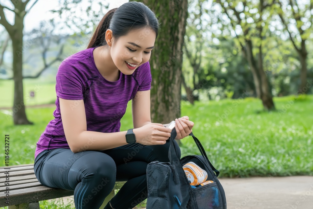 Fototapeta premium Young asian sportswoman monitors training performance with smartwatch in park