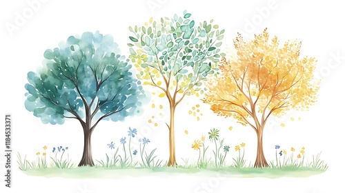 Watercolor painting of three trees representing the four seasons