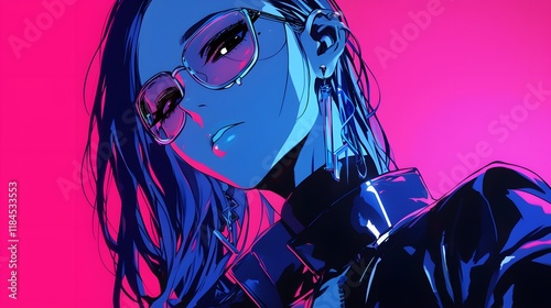 Horror-inspired anime woman in black and white, with neon colors adding an eerie vibe photo