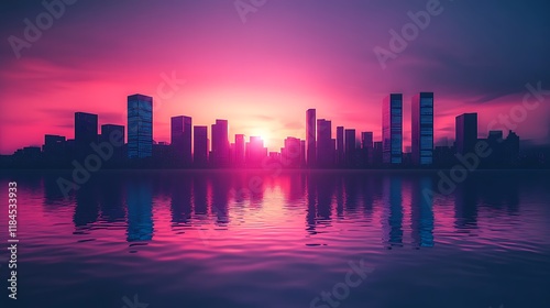 Vibrant city skyline reflected in calm water at sunset.