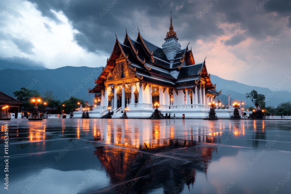 A gothic-style Thai ubosot under a stormy sky, with eerie lighting and dark shadows enhancing its dramatic architecture A gothic-style Thai ubosot under a stormy sky, with eerie lighting and dark shadows enhancing its dramatic architecture