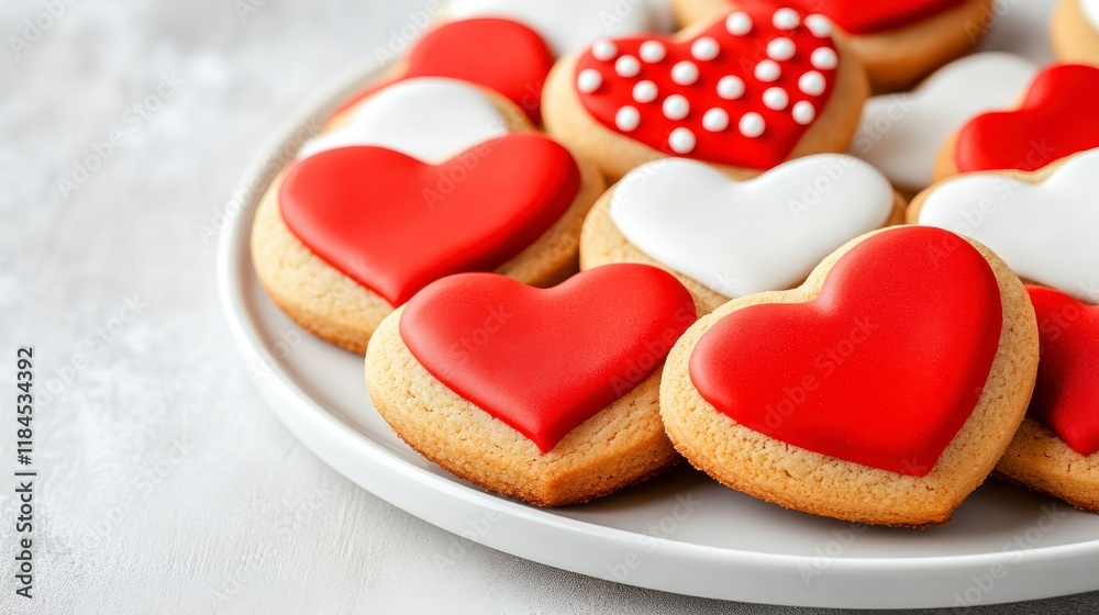 Obraz premium Heart-Shaped Cookies Decorated with Red and White Fondant Icing