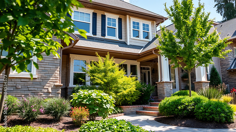 Two-story house with stone facade, featuring a covered entryway and landscaping including shrubs and trees. The house has multiple windows and a light beige exterior. Two-story house with stone facade, featuring a covered entryway and landscaping including shrubs and trees. The house has multiple windows and a light beige exterior.