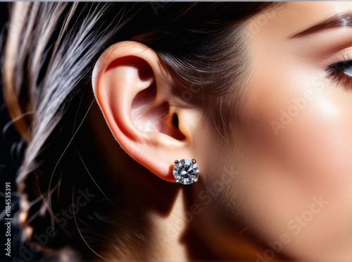 Elegant woman showcasing sparkling stud earrings against a dark background revealing sophisticated style and beauty photo