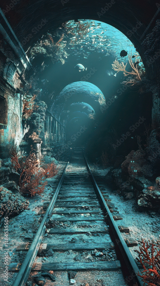 Naklejka premium Underwater train adventure abandoned urban tunnel digital art underwater environment perspective innovation futuristic transportation
