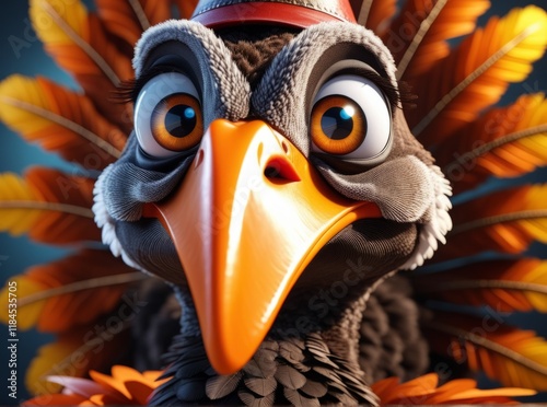 Colorful cartoon turkey with expressive eyes celebrating a festive occasion in a playful setting