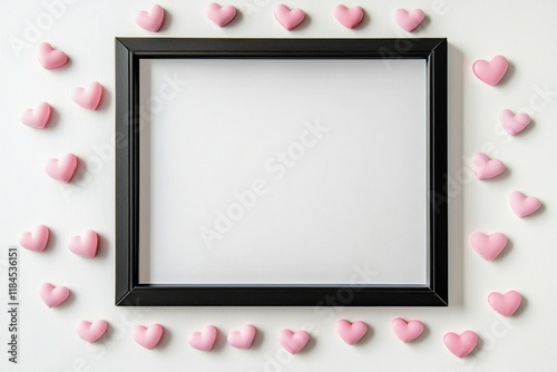 A minimalistic black frame surrounded by pink heart-shaped decorations on a white background, perfect for a creative display.