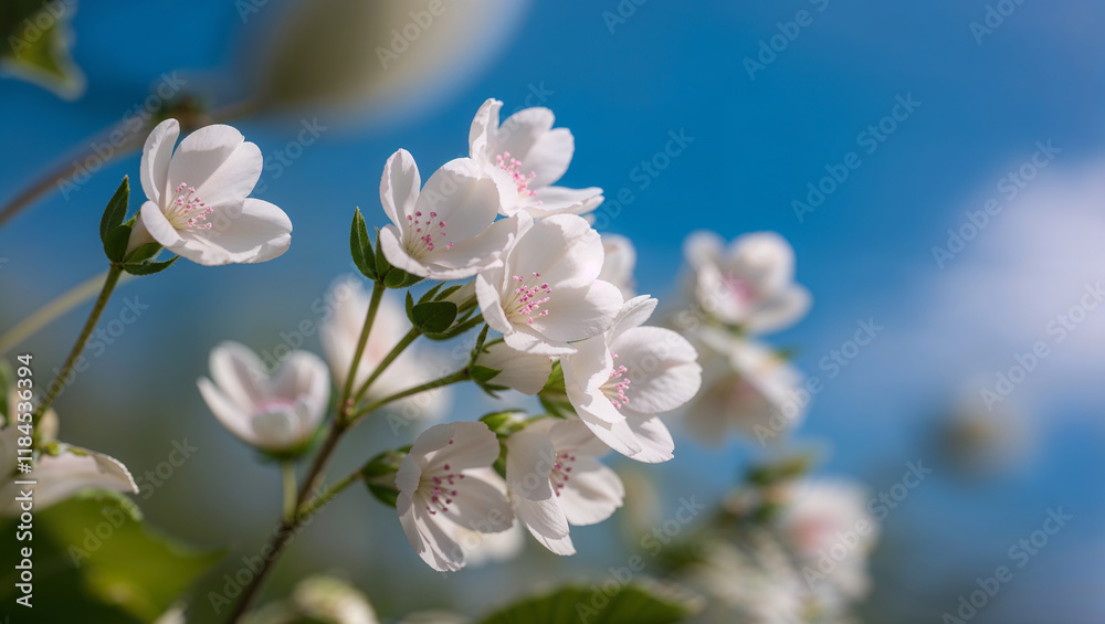 White flowers blooming on branch against blue sky in spring White flowers blooming on branch against blue sky in spring
