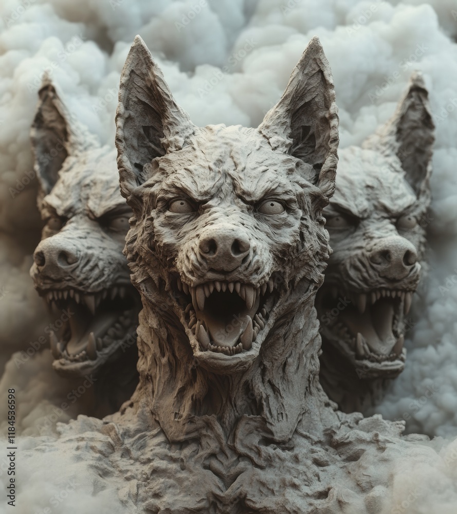 Obraz premium Three dog heads with their mouths open and teeth bared