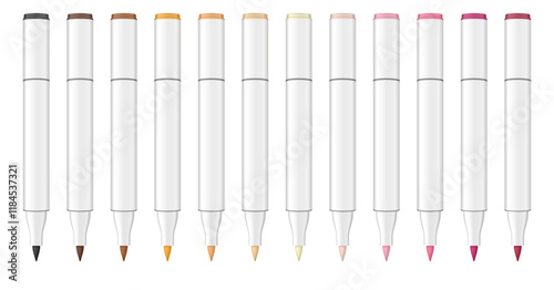 Set of multicolored dual tip markers. Pastel palette. Coloring or sketching supplies. Water-based or alcohol marker pen.  Brush tip	