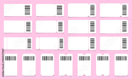 Set of white ticket mockups with bar codes, ruffle edges and shadows. Empty template. Concert, movie or theater ticket. Boarding blank, lottery, sale coupon	