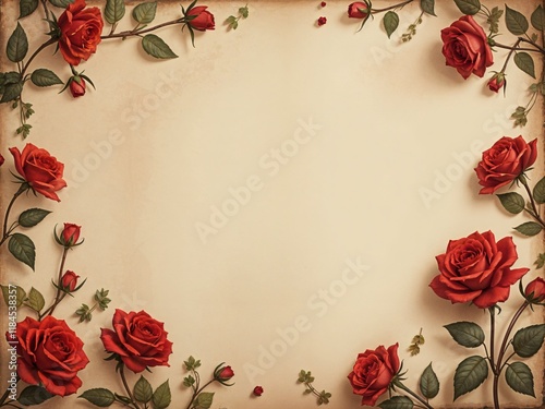 vintage floral background with red roses scattered on old paper with subtle texture and fading colors with copy space with empty space no text no word no character no logo no letters no text