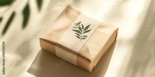 Eco-friendly sticker mockup on a brown kraft package, minimalist and clean photo