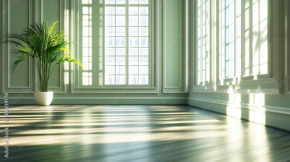 Fototapeta premium Sunlit Room with Potted Plant and Large Windows