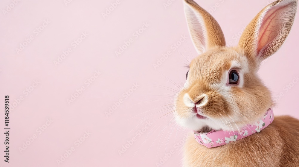 Fototapeta premium Cute rabbit with floral collar against pink background