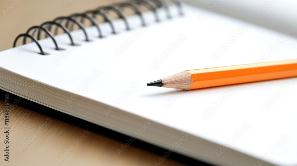 Spiral notebook and orange pencil on white surface Spiral notebook and orange pencil on white surface