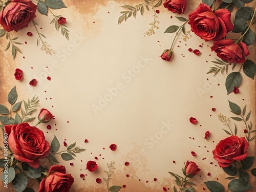 vintage floral background with red roses scattered on old paper with subtle texture and fading colors with copy space with empty space no text no word no character no logo no letters no text