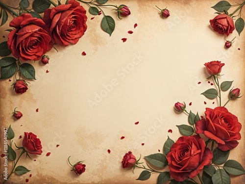 vintage floral background with red roses scattered on old paper with subtle texture and fading colors with copy space with empty space no text no word no character no logo no letters no text