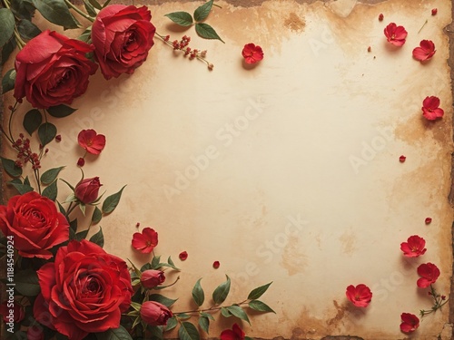 vintage floral background with red roses scattered on old paper with subtle texture and fading colors with copy space with empty space no text no word no character no logo no letters no text