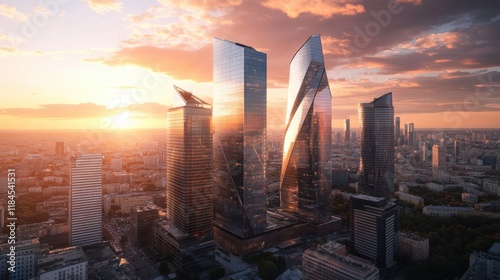 Modern Skyscrapers with Glass Facades at Golden Hour