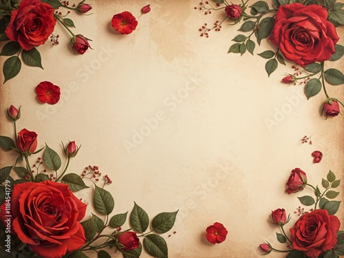 vintage floral background with red roses scattered on old paper with subtle texture and fading colors with copy space with empty space no text no word no character no logo no letters no text