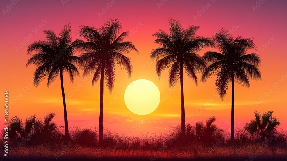 Obraz premium Serene tropical sunset with palm trees silhouetted against colorful sky