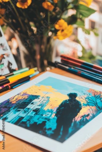 Graphic novel mockup on a flat surface with colorful illustrations and pens nearby