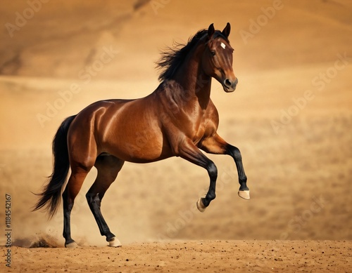 Majestic Horse in the Desert: A powerful, muscular brown horse rears up dramatically in a sun-drenched desert landscape, capturing the animal's raw energy, freedom. Ai generated image