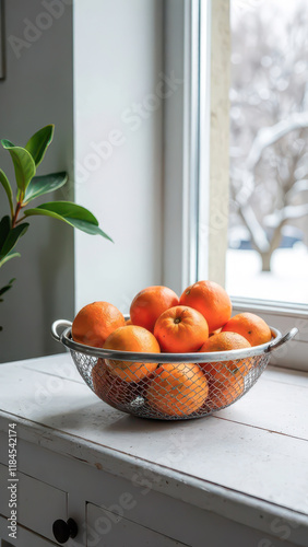 Basket of Tangerines on Table by Window. Cozy Home Atmosphere in Winter