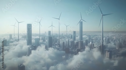 Modern Cityscape with Wind Turbines and Skyscrapers